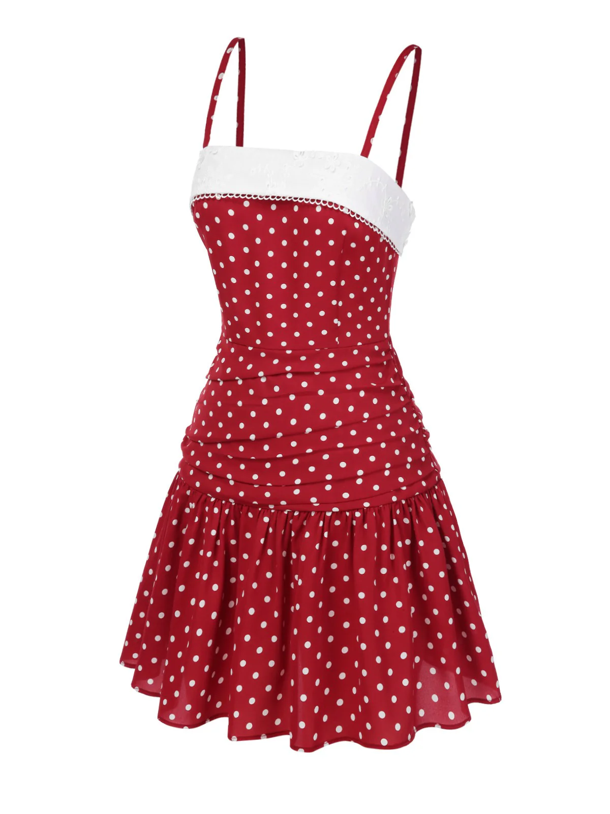 Red 1960s Lace Patchwork Polka Dots Pleated Dress - Image 3