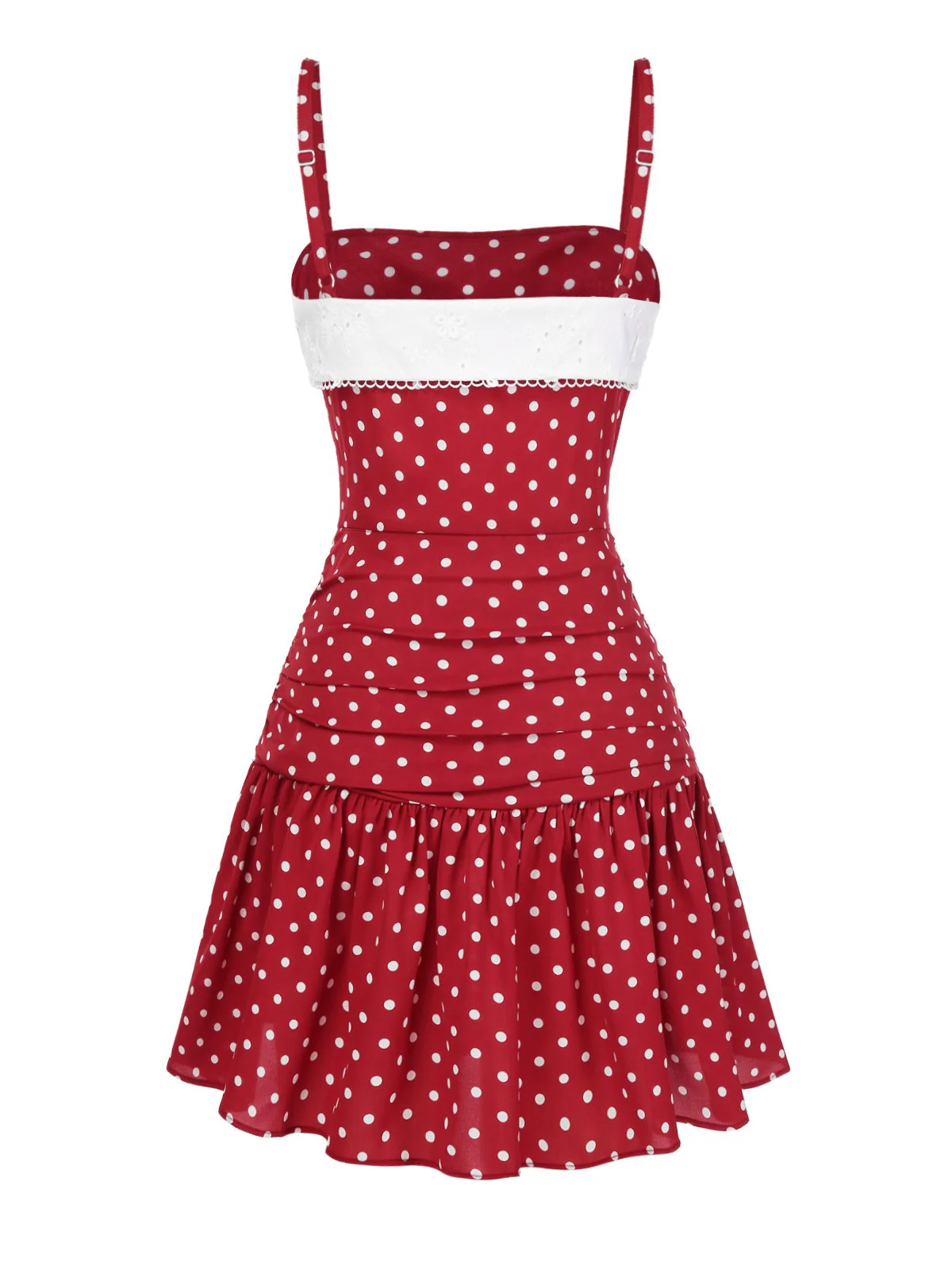 Red 1960s Lace Patchwork Polka Dots Pleated Dress - Image 4