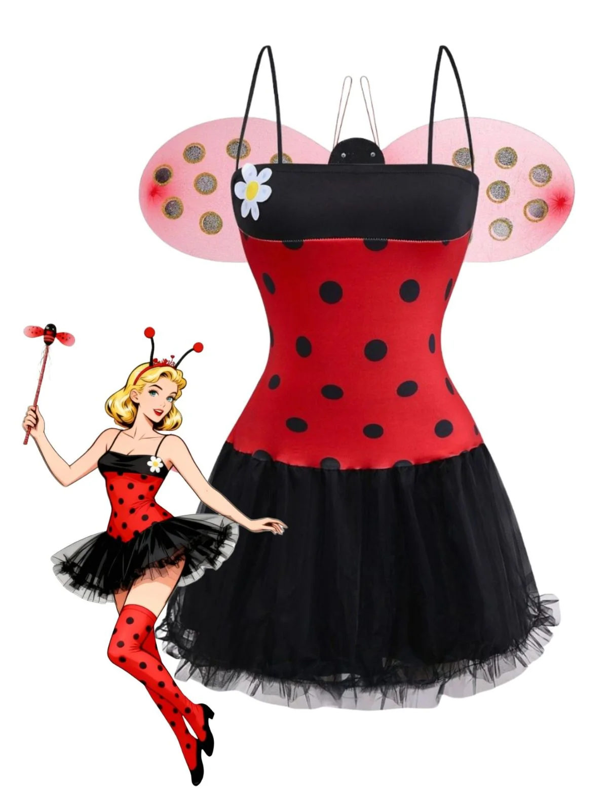 Red 1960s Miraculous Ladybug Cosplay Costume Set - Image 2