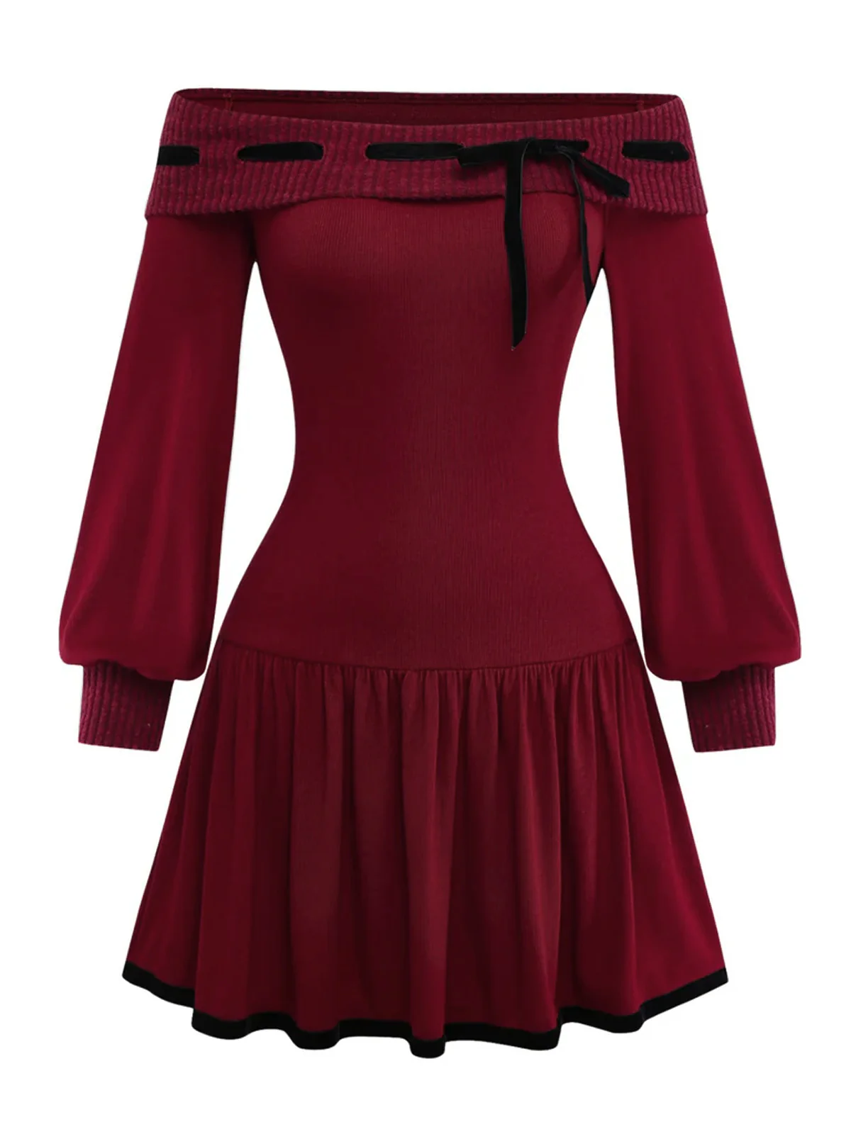 Red 1960s Off-Shoulder Bow Knit Lantern Sleeve Dress - Image 2