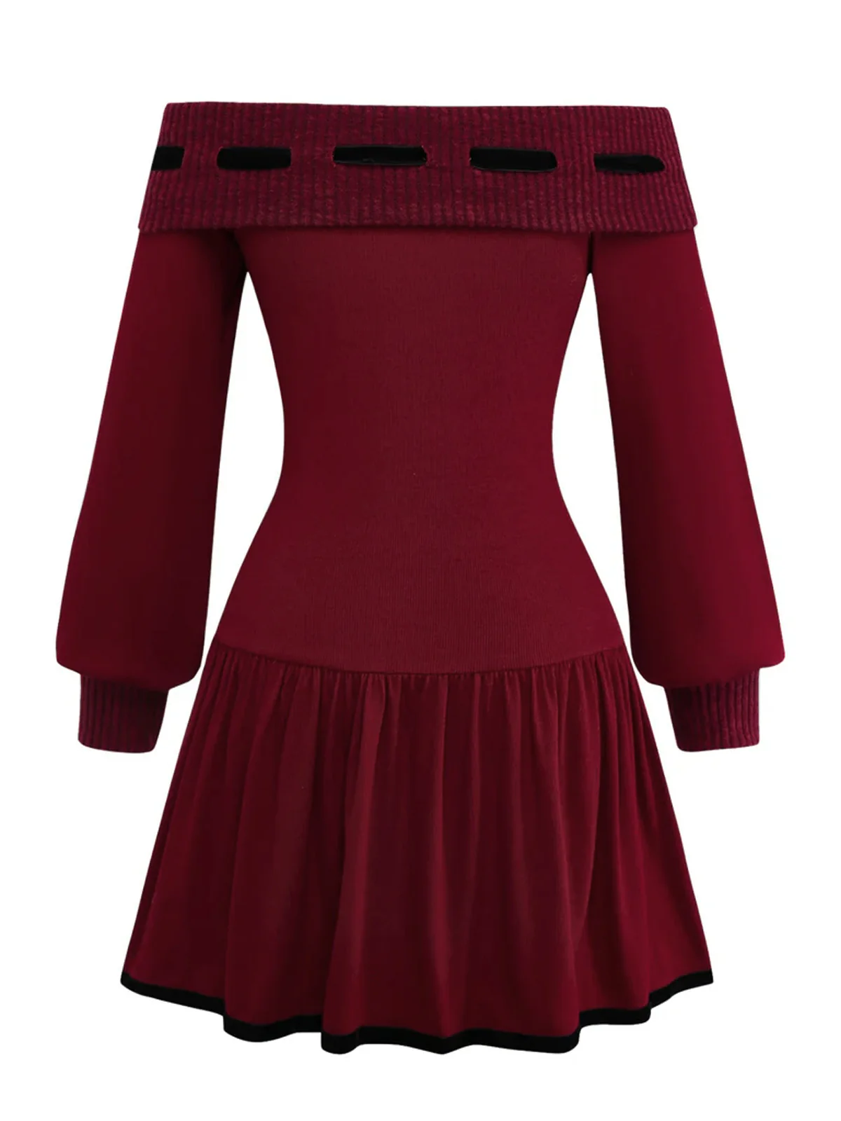 Red 1960s Off-Shoulder Bow Knit Lantern Sleeve Dress - Image 3