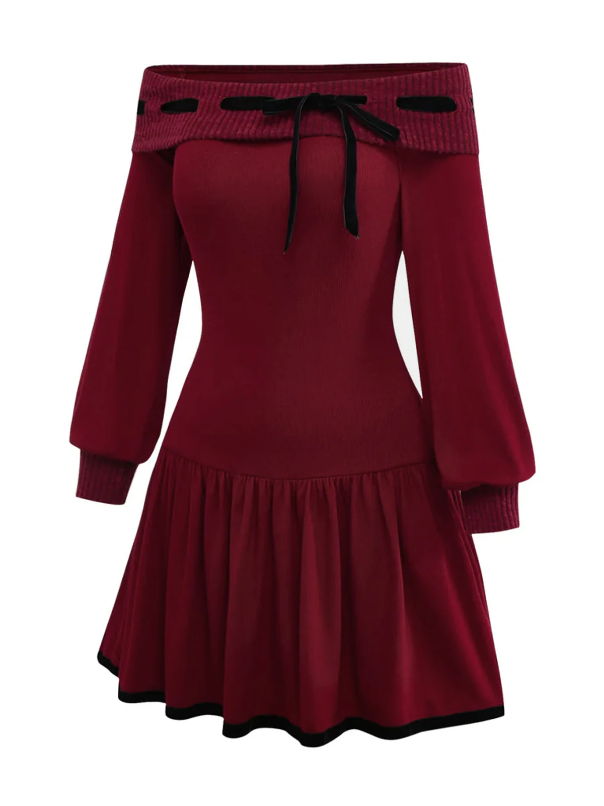 Red 1960s Off-Shoulder Bow Knit Lantern Sleeve Dress - Image 4
