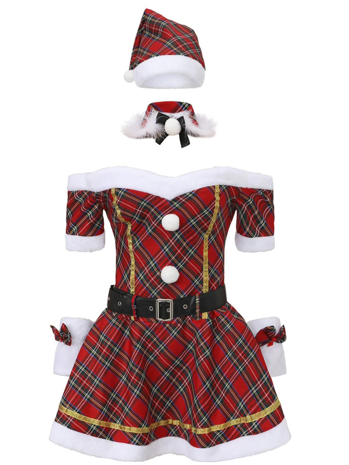 Red 1960s Off-Shoulder Plaid Christmas Dress Set - Image 2