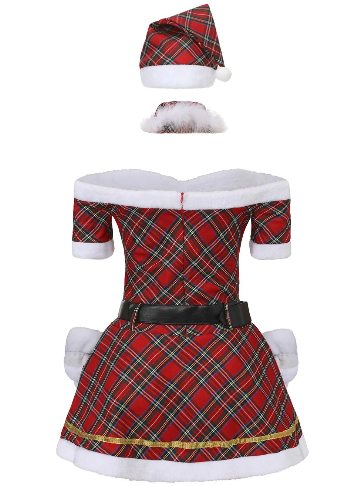 Red 1960s Off-Shoulder Plaid Christmas Dress Set - Image 3