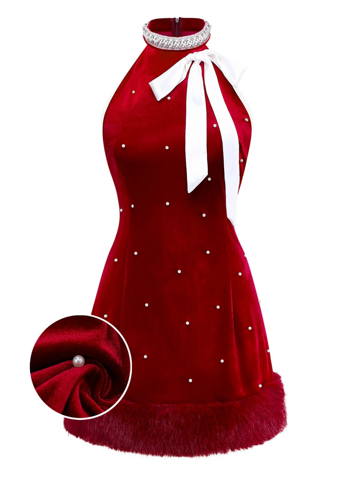 Red 1960s Pearl Fringe Christmas Velvet Dress - Image 2