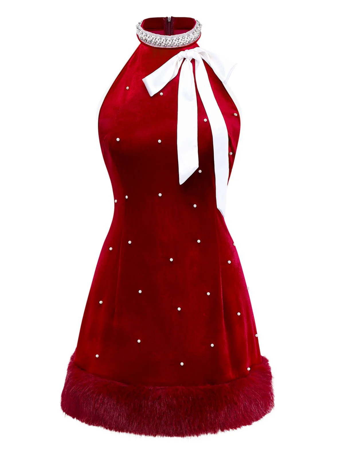 Red 1960s Pearl Fringe Christmas Velvet Dress - Image 3