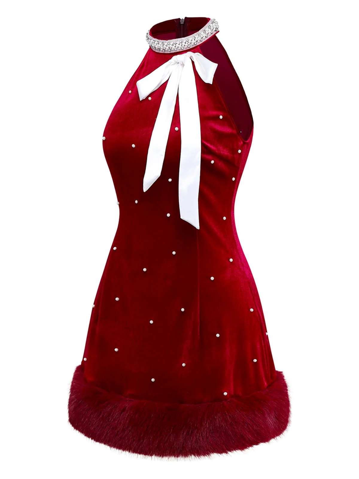 Red 1960s Pearl Fringe Christmas Velvet Dress - Image 4