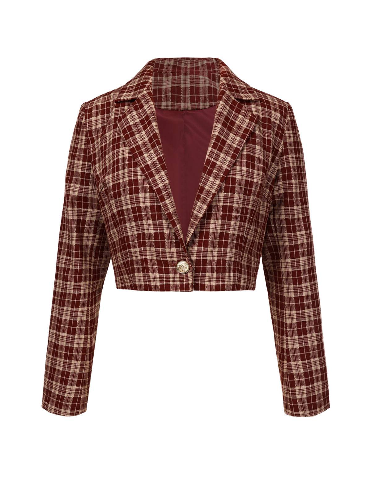 Red 1960s Plaid Lapel Short Coat - Image 2