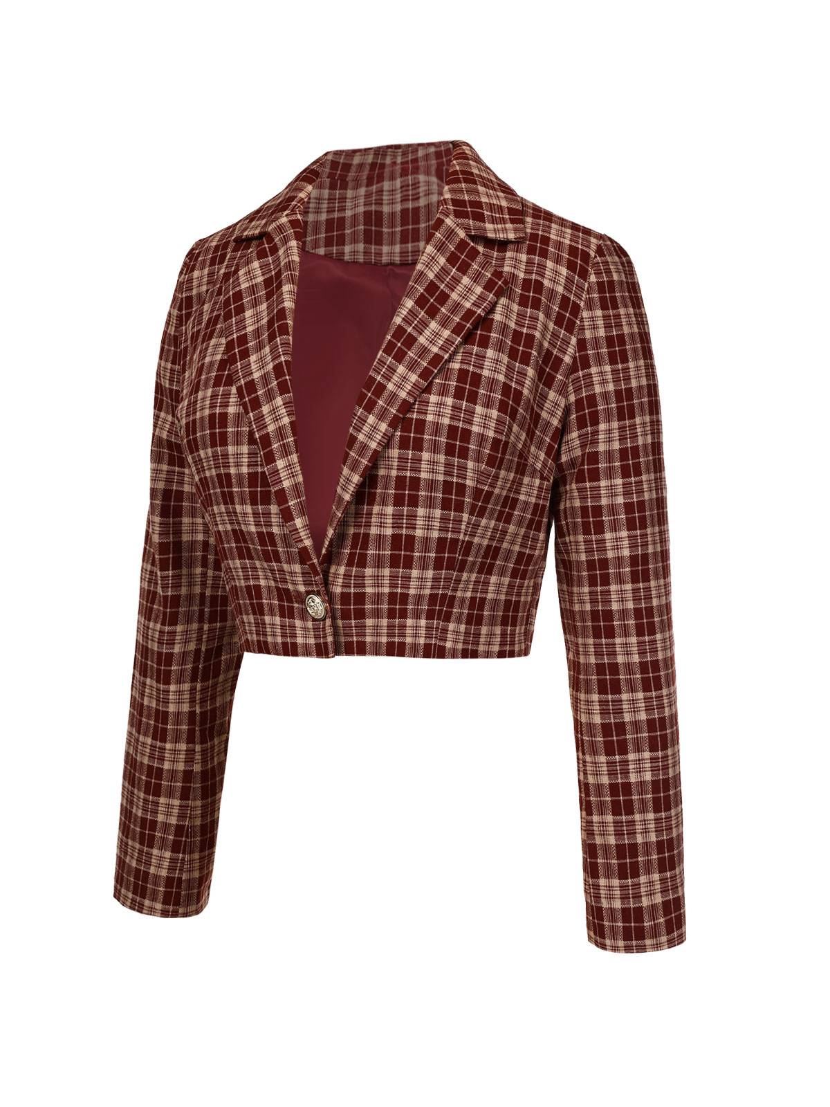 Red 1960s Plaid Lapel Short Coat - Image 3