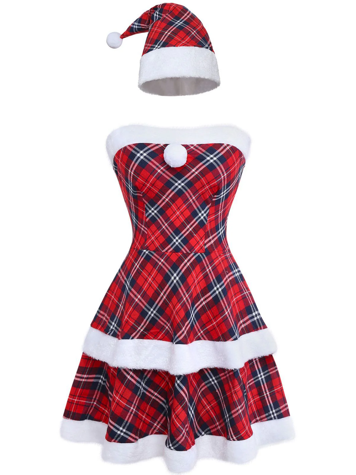 Red 1960s Plaid Strapless Patchwork Dress Set - Image 2