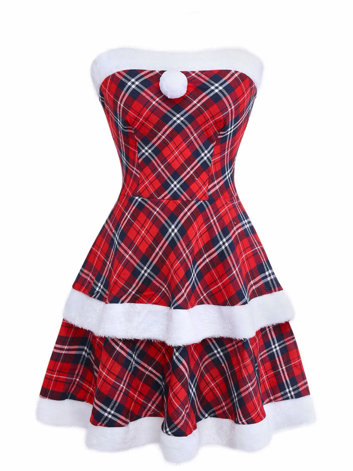 Red 1960s Plaid Strapless Patchwork Dress Set - Image 3