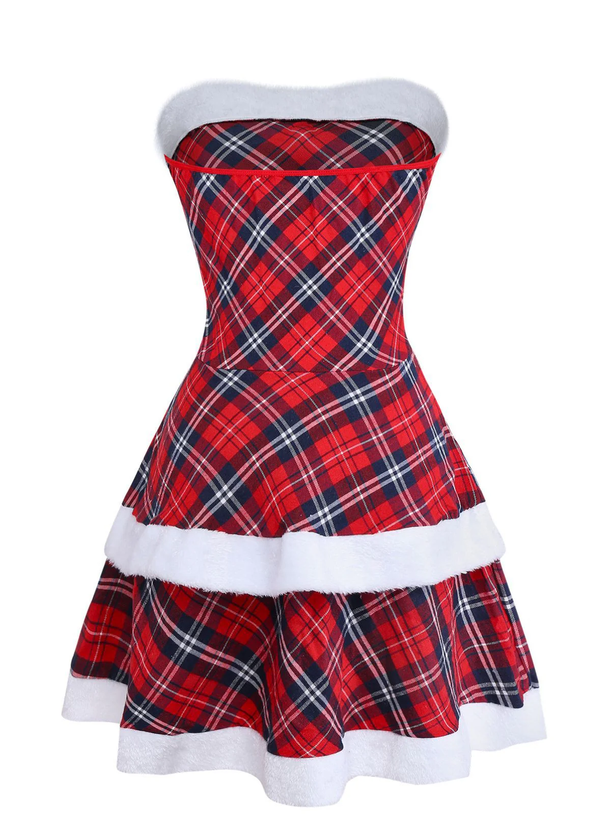 Red 1960s Plaid Strapless Patchwork Dress Set - Image 4