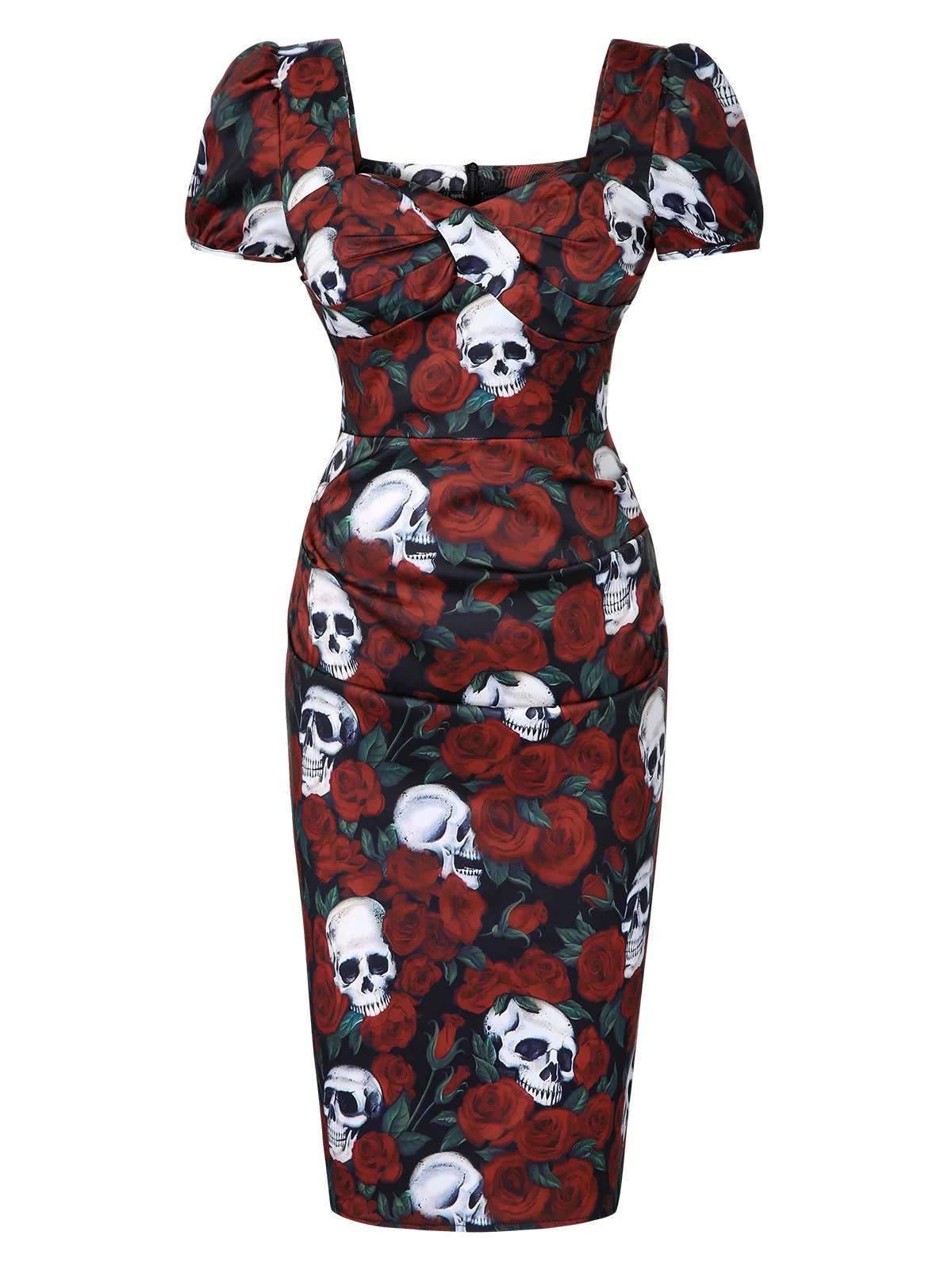 Red 1960s Rose Skull Sqaure Neck Pencil Dress - Image 2