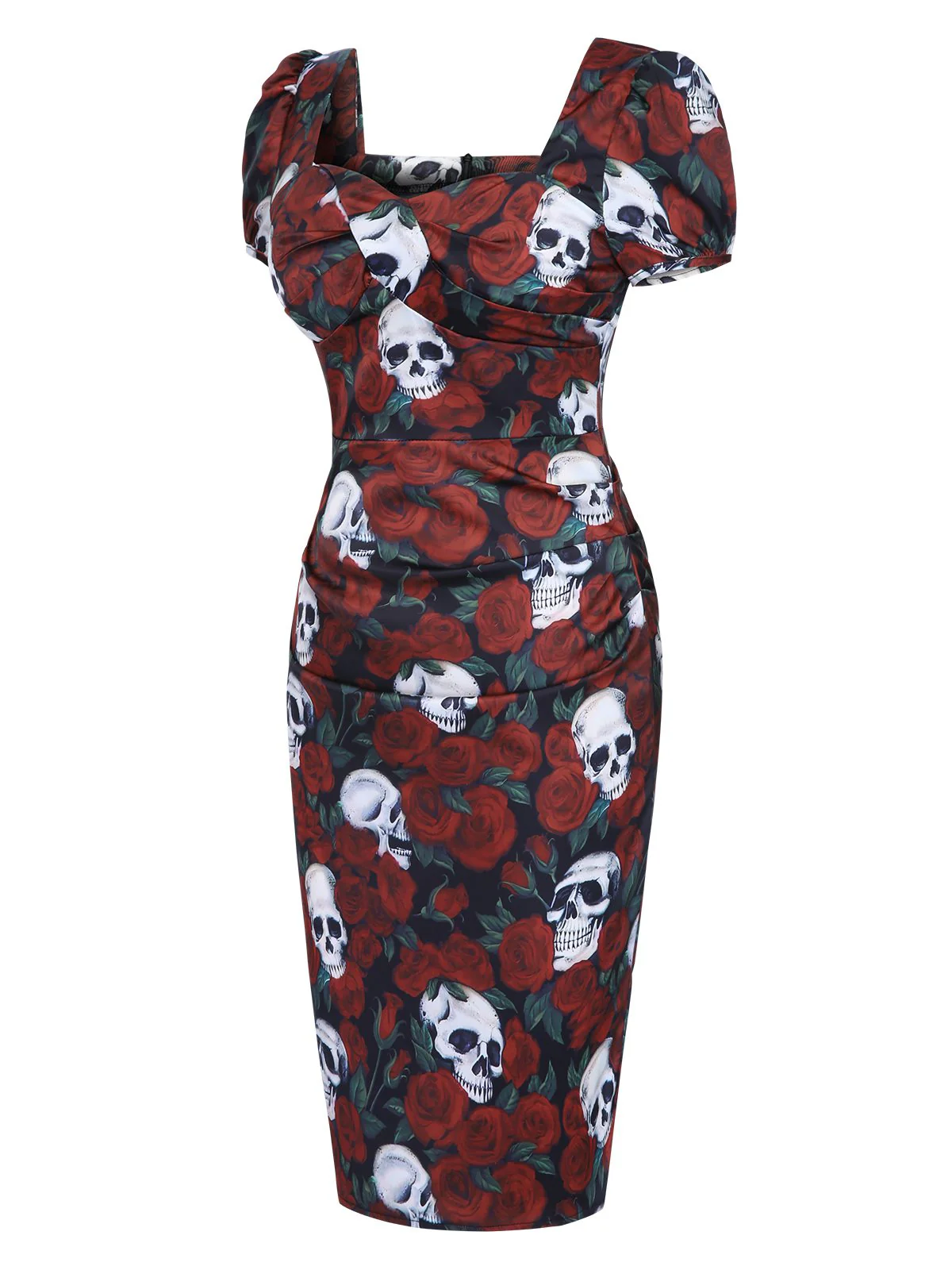 Red 1960s Rose Skull Sqaure Neck Pencil Dress - Image 3