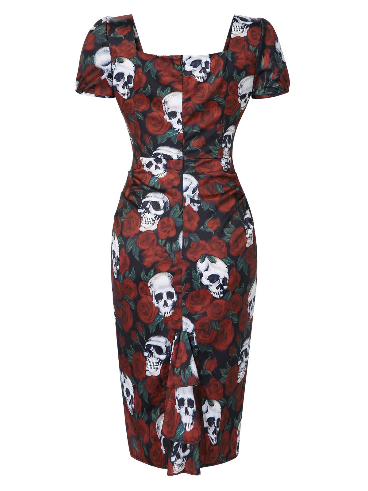 Red 1960s Rose Skull Sqaure Neck Pencil Dress - Image 4