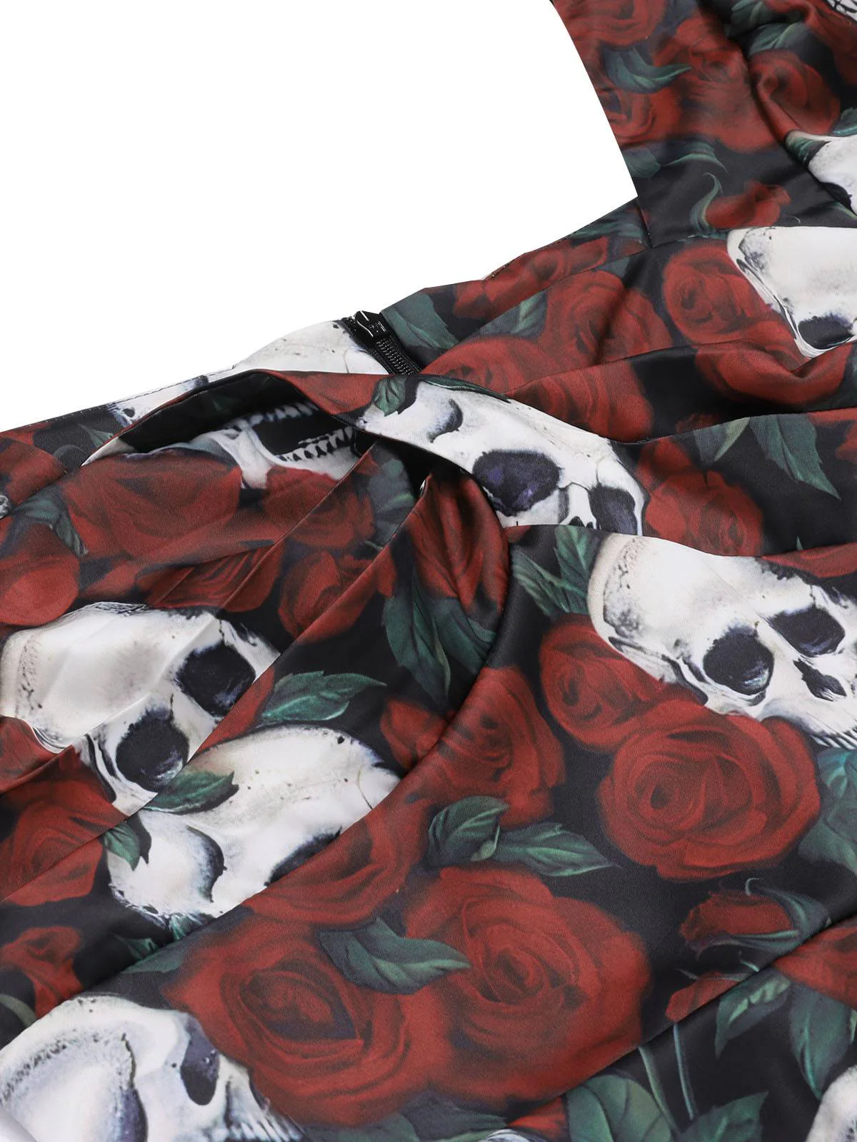 Red 1960s Rose Skull Sqaure Neck Pencil Dress - Image 5