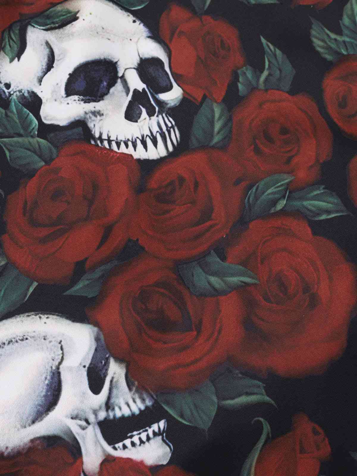 Red 1960s Rose Skull Sqaure Neck Pencil Dress - Image 7