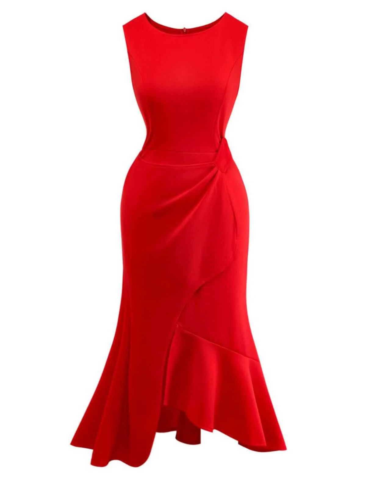 Red 1960s Ruffle Hem Asymmetric Sleeveless Dress - Image 2