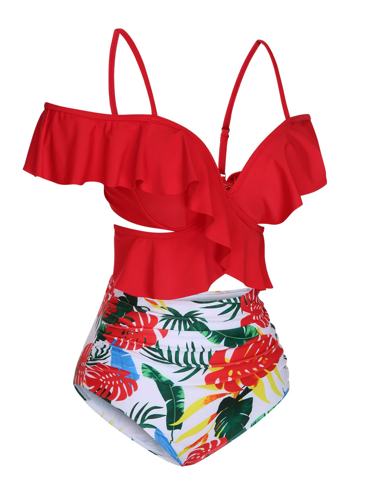 Red 1960s Ruffle Sleeves Tropical Plant Swimsuit - Image 2