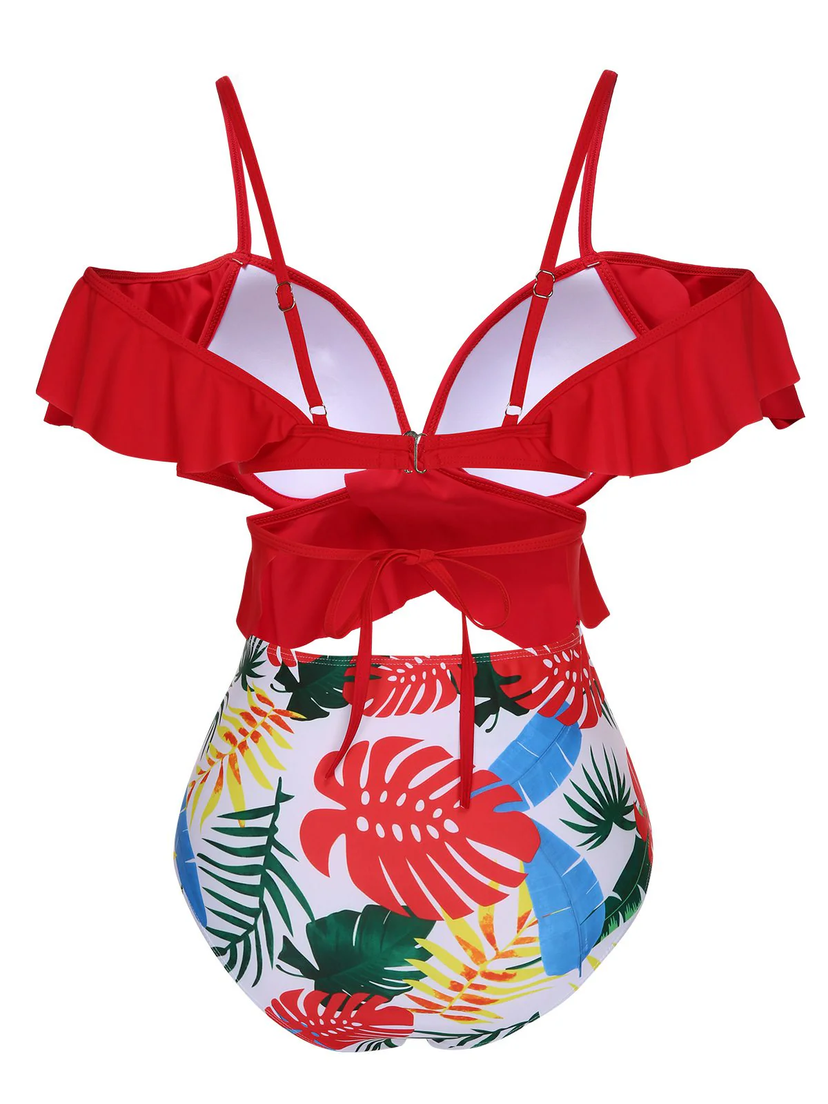 Red 1960s Ruffle Sleeves Tropical Plant Swimsuit - Image 3