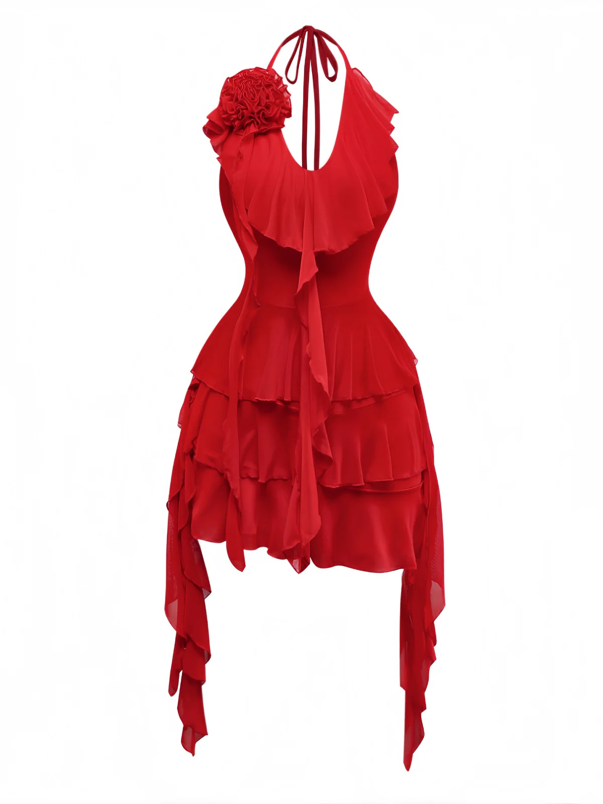 Red 1960s Ruffled 3D Floral Lace-Up Halter Dress - Image 2
