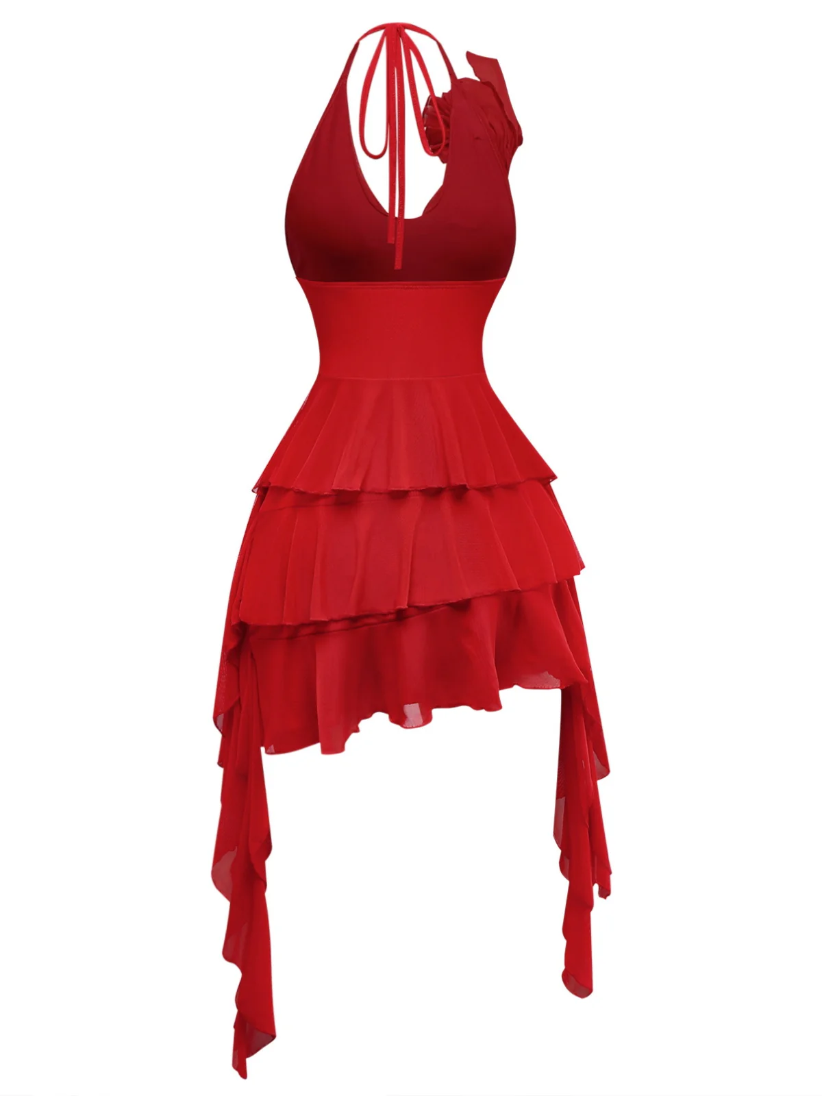 Red 1960s Ruffled 3D Floral Lace-Up Halter Dress - Image 3