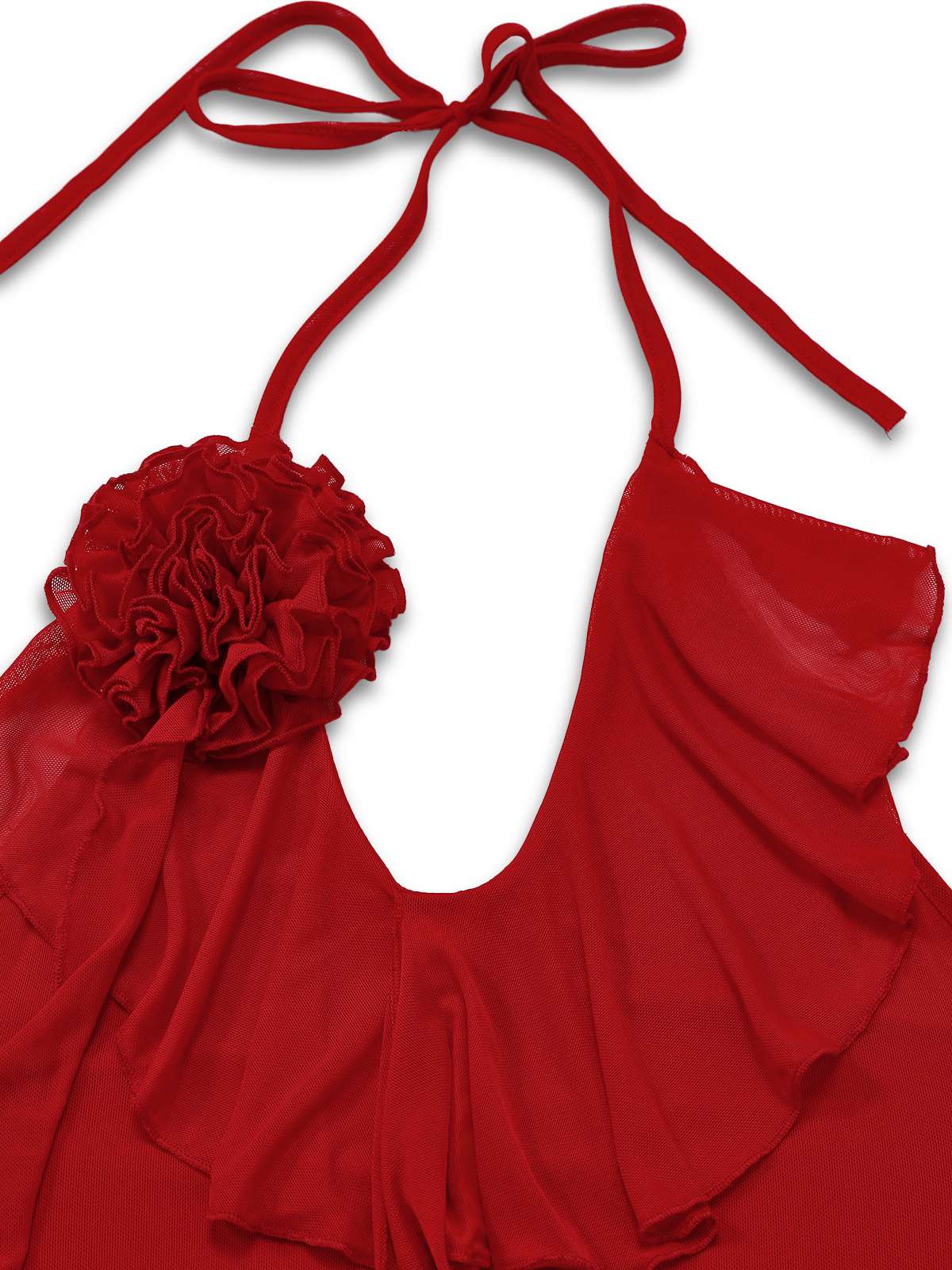 Red 1960s Ruffled 3D Floral Lace-Up Halter Dress - Image 4