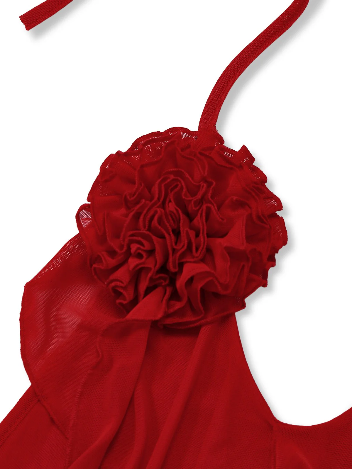 Red 1960s Ruffled 3D Floral Lace-Up Halter Dress - Image 5