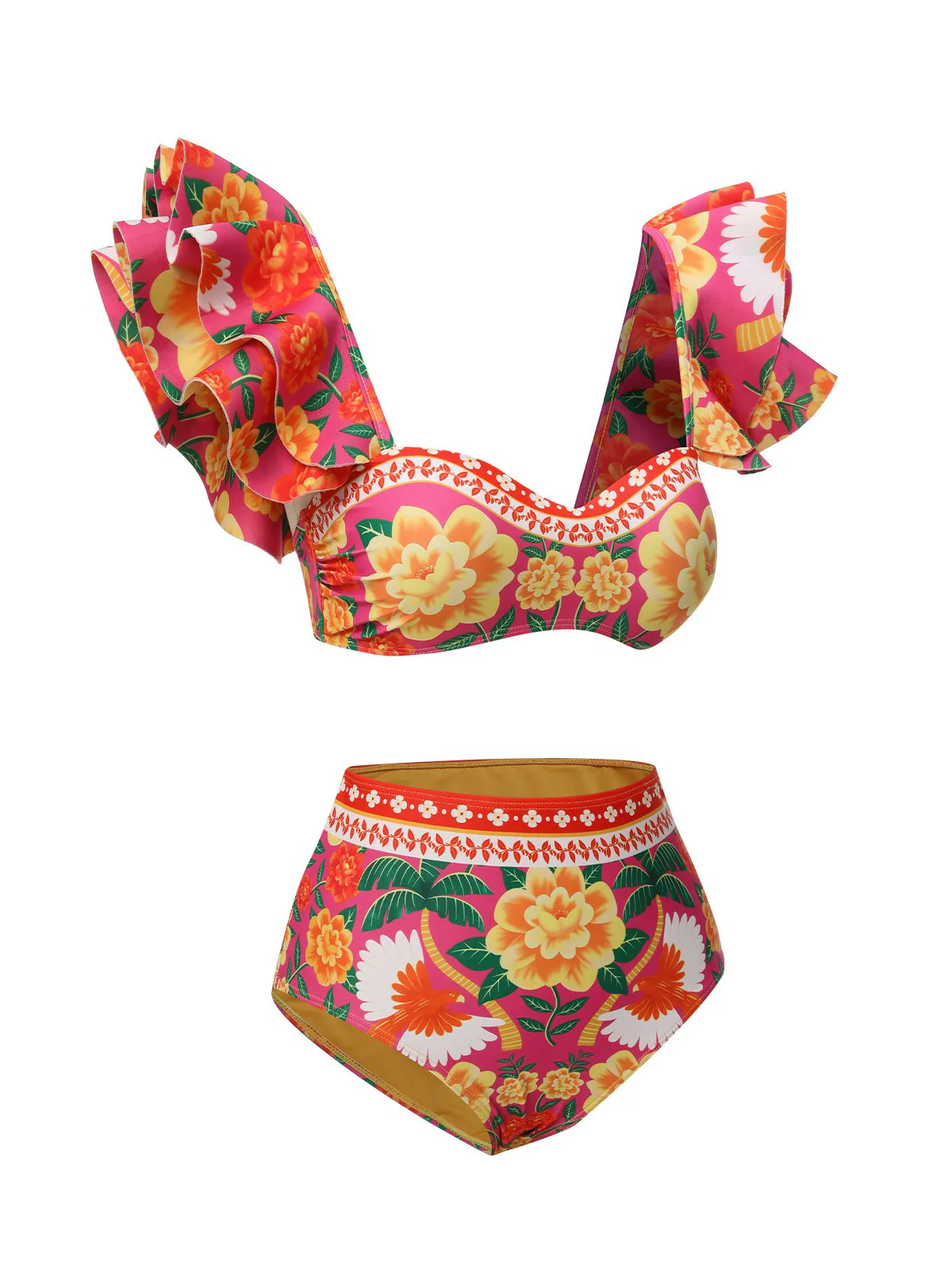 Red 1960s Ruffles Sleeves Flowers Swimsuit - Image 2