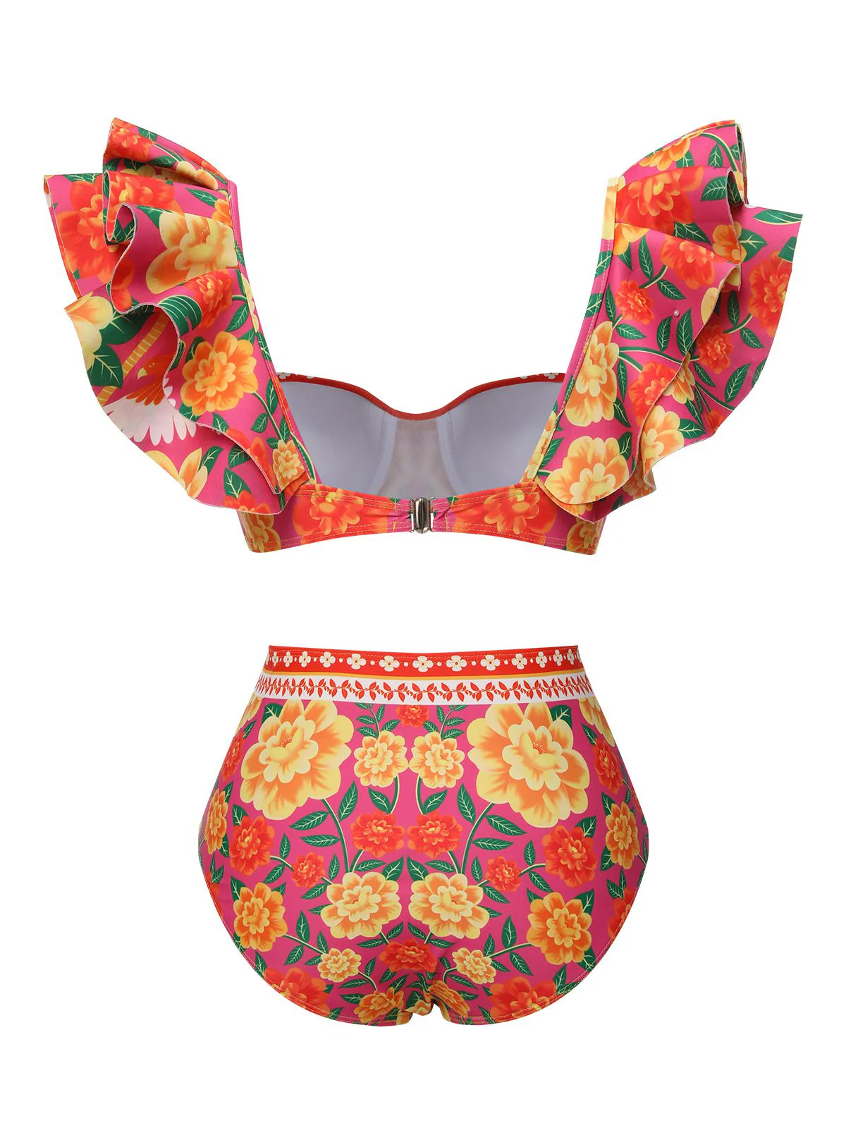 Red 1960s Ruffles Sleeves Flowers Swimsuit - Image 3