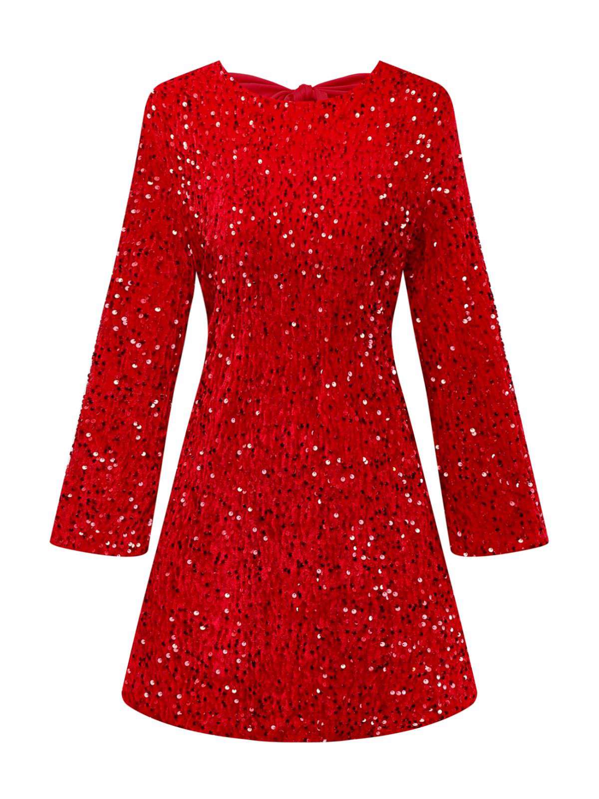 Red 1960s Sequined Bow Round Neck Long Sleeve Dress - Image 2