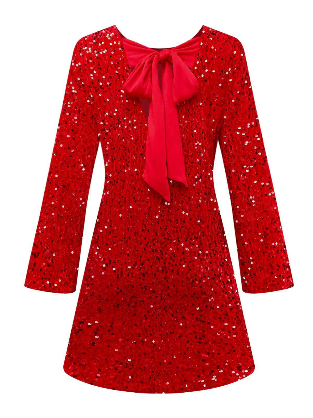 Red 1960s Sequined Bow Round Neck Long Sleeve Dress - Image 3
