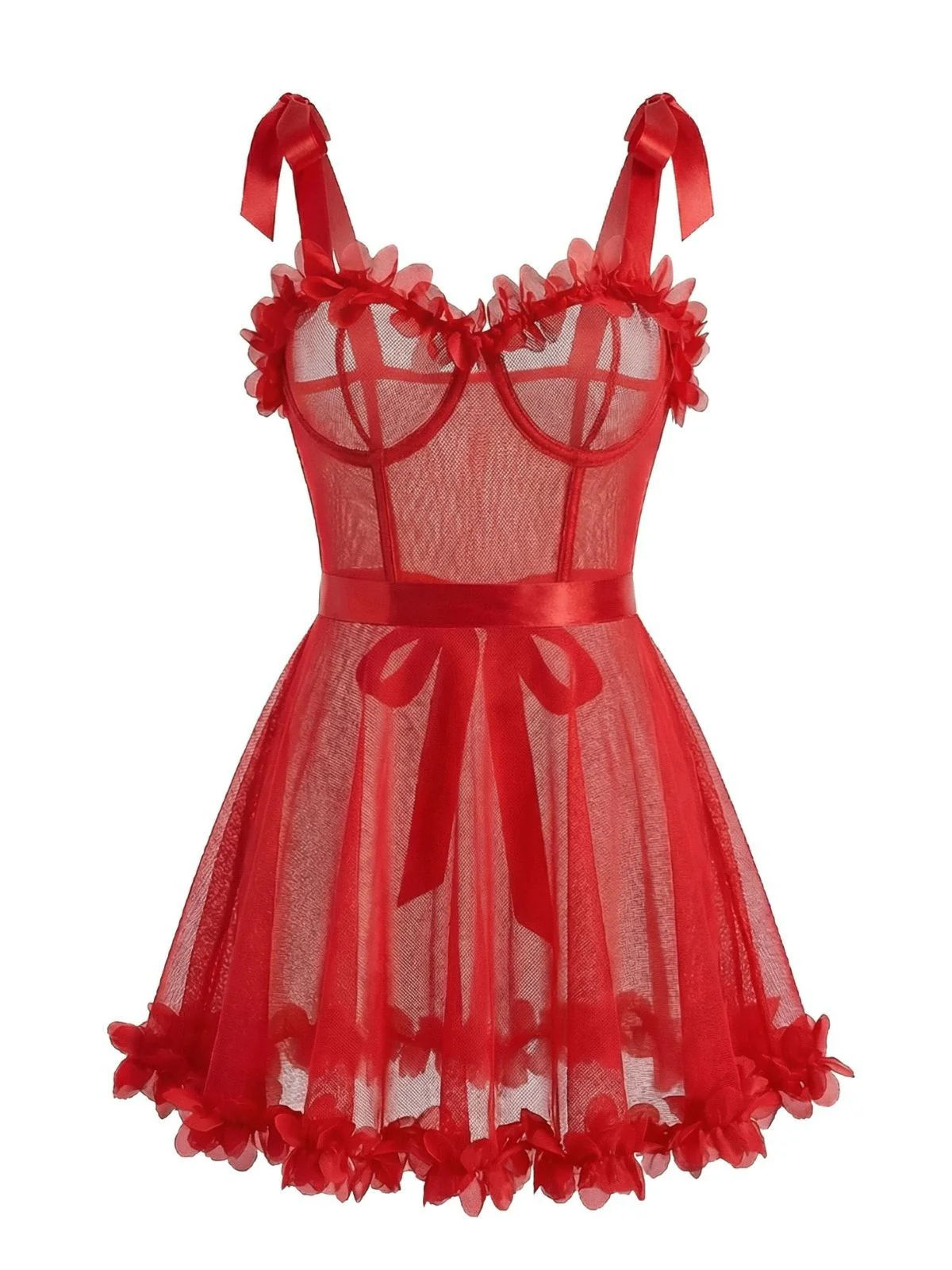 Red 1960s Solid 3D Floral Lace-Up Sleepwear - Image 2