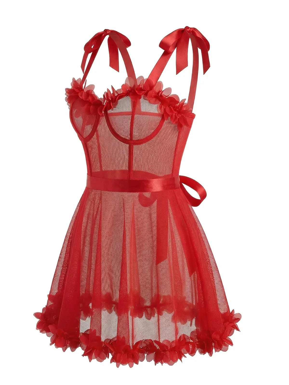 Red 1960s Solid 3D Floral Lace-Up Sleepwear - Image 3
