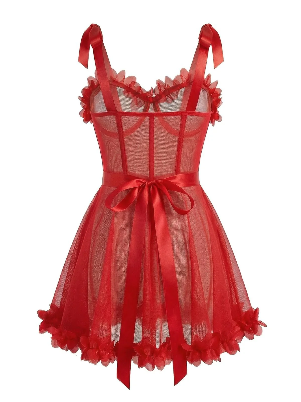 Red 1960s Solid 3D Floral Lace-Up Sleepwear - Image 4