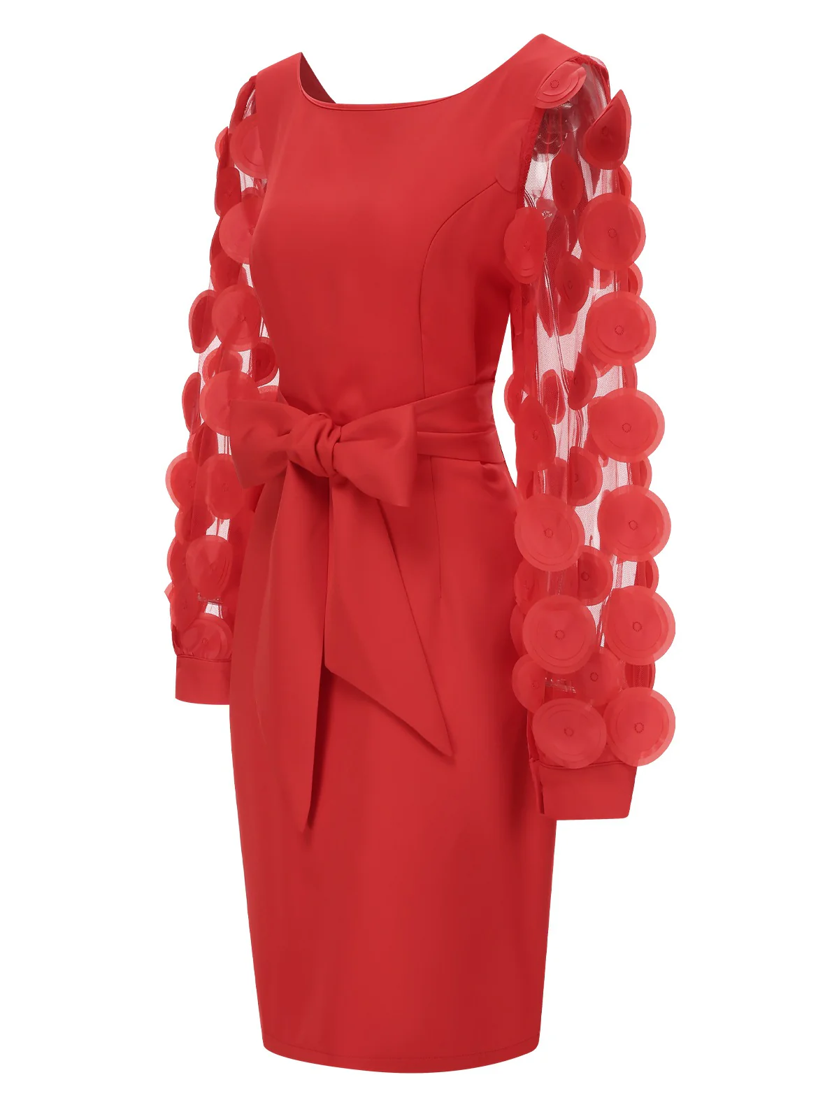 Red 1960s Solid Bow 3D Flowers Mesh Dress - Image 3