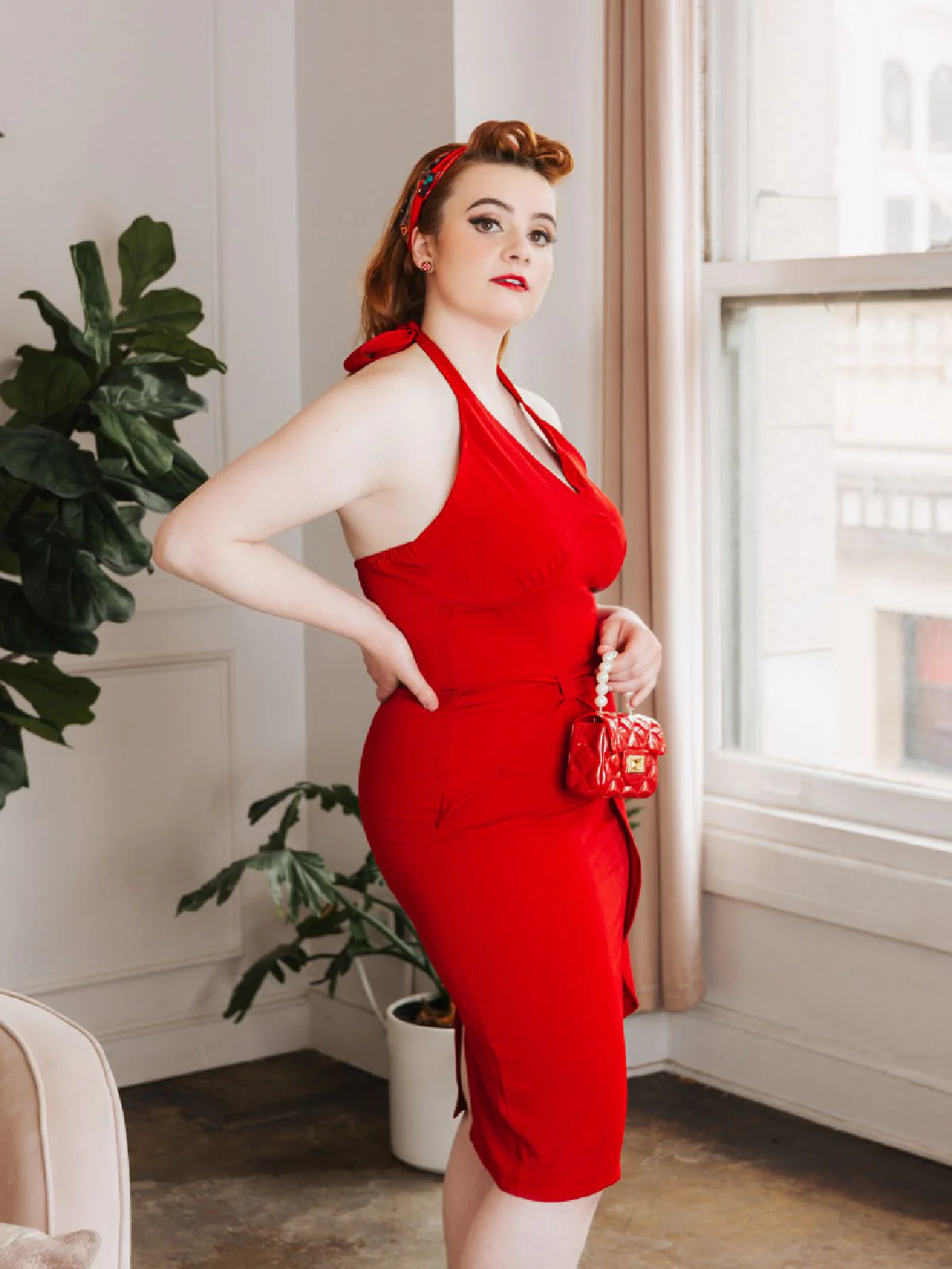 Red 1960s Solid Halter Bodycon Dress - Image 3