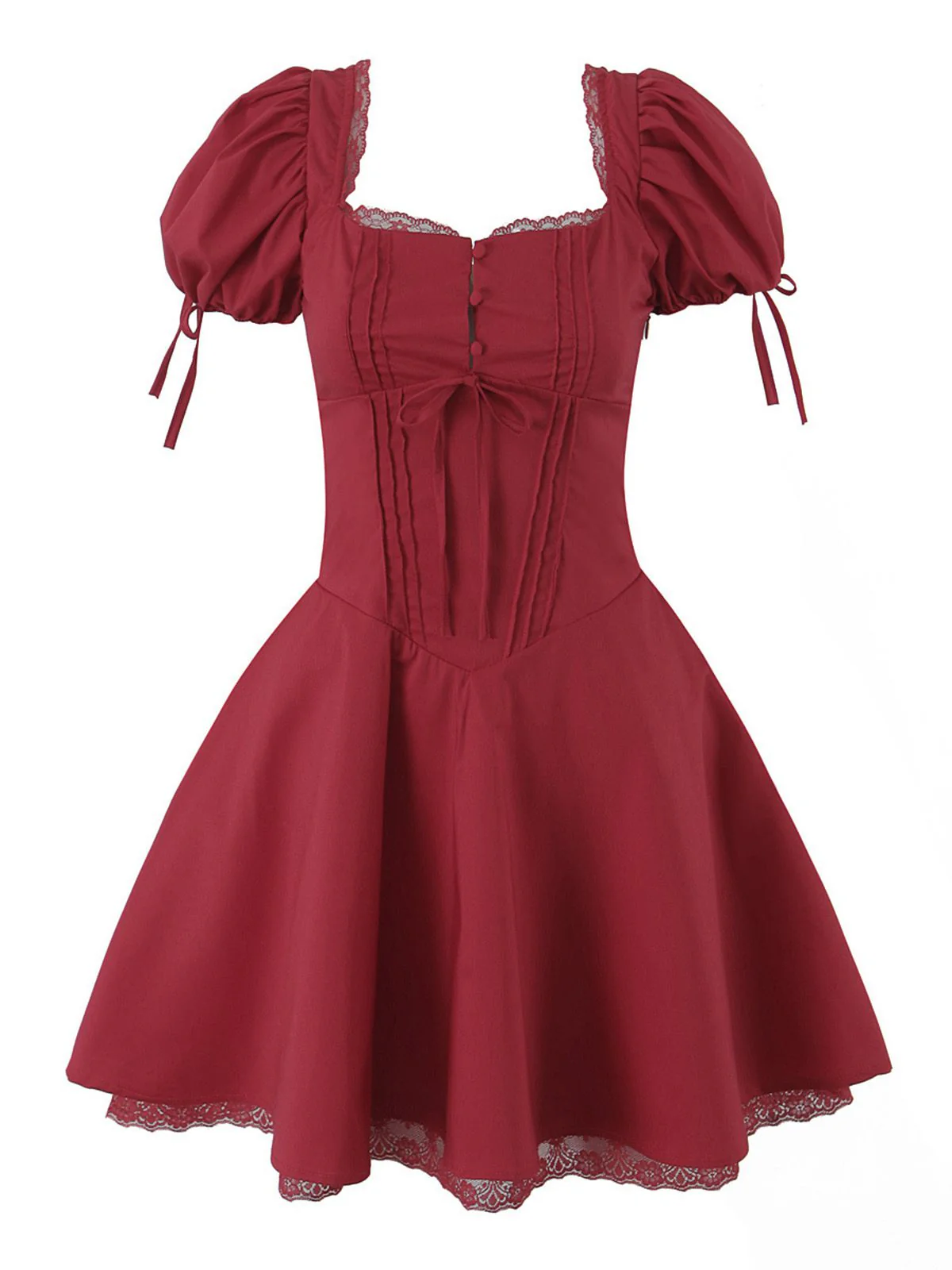 Red 1960s Solid Puff Sleeve Lace-up Dress - Image 2