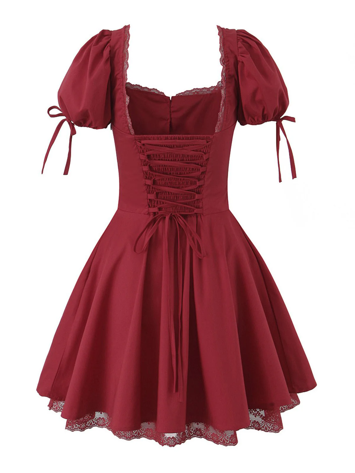 Red 1960s Solid Puff Sleeve Lace-up Dress - Image 3