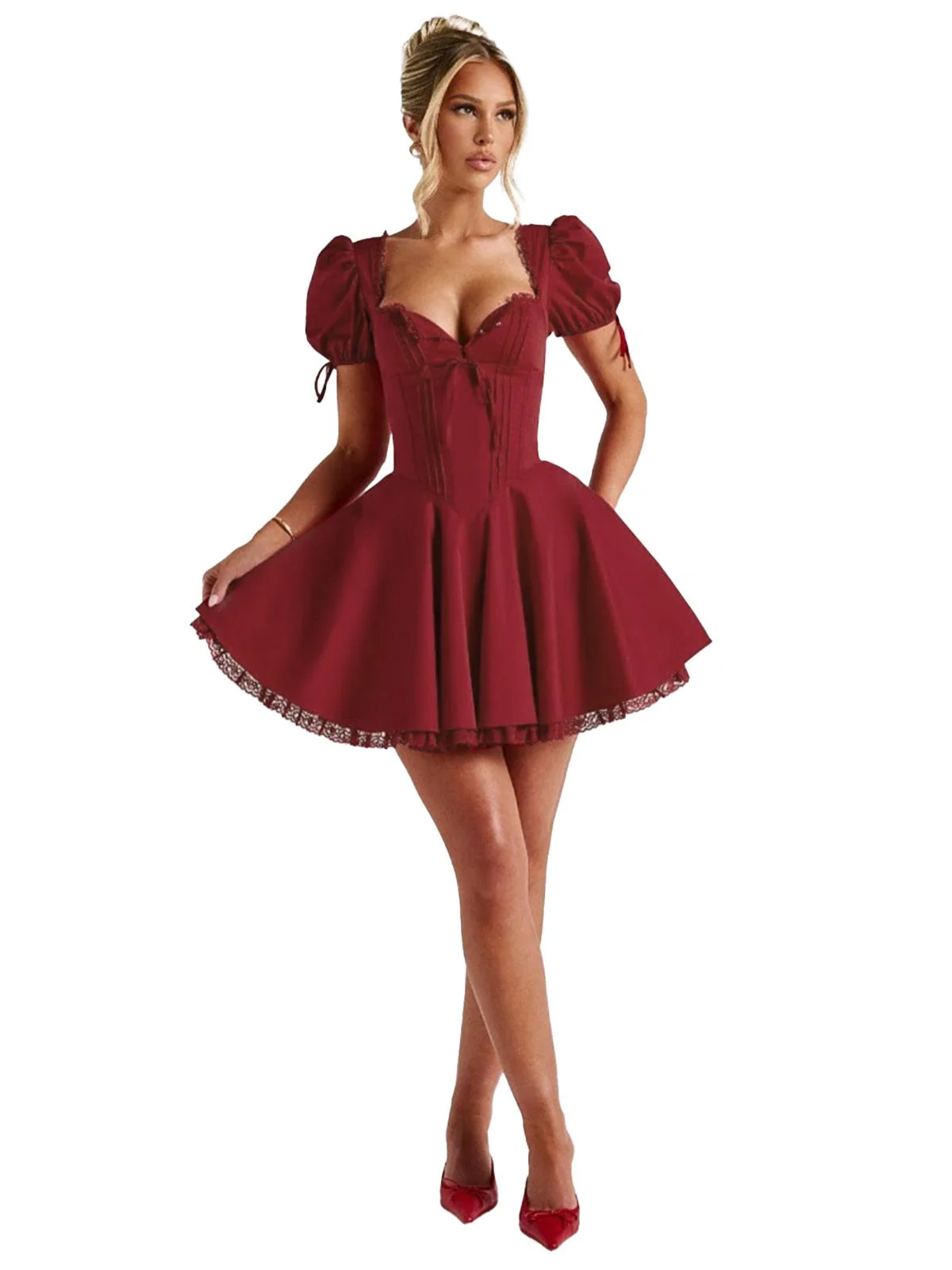 Red 1960s Solid Puff Sleeve Lace-up Dress - Image 6