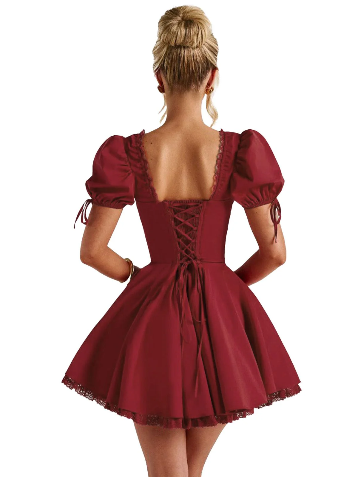 Red 1960s Solid Puff Sleeve Lace-up Dress - Image 7