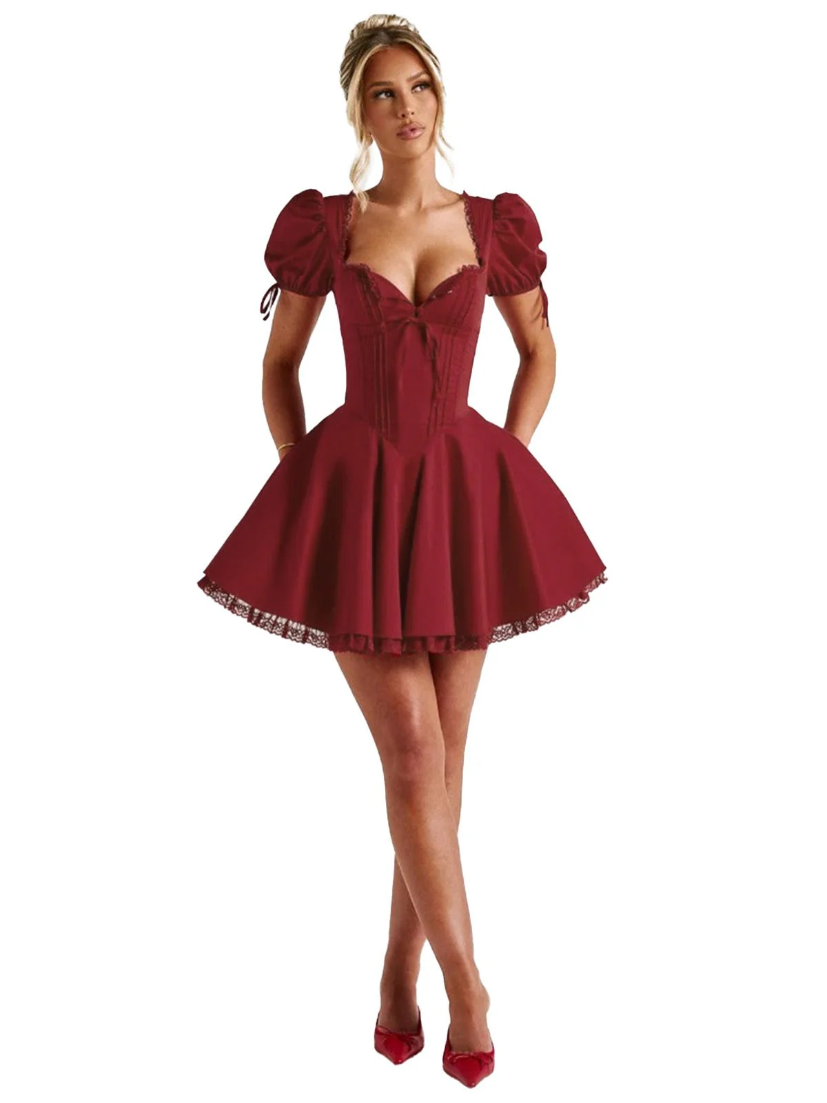 Red 1960s Solid Puff Sleeve Lace-up Dress - Image 8