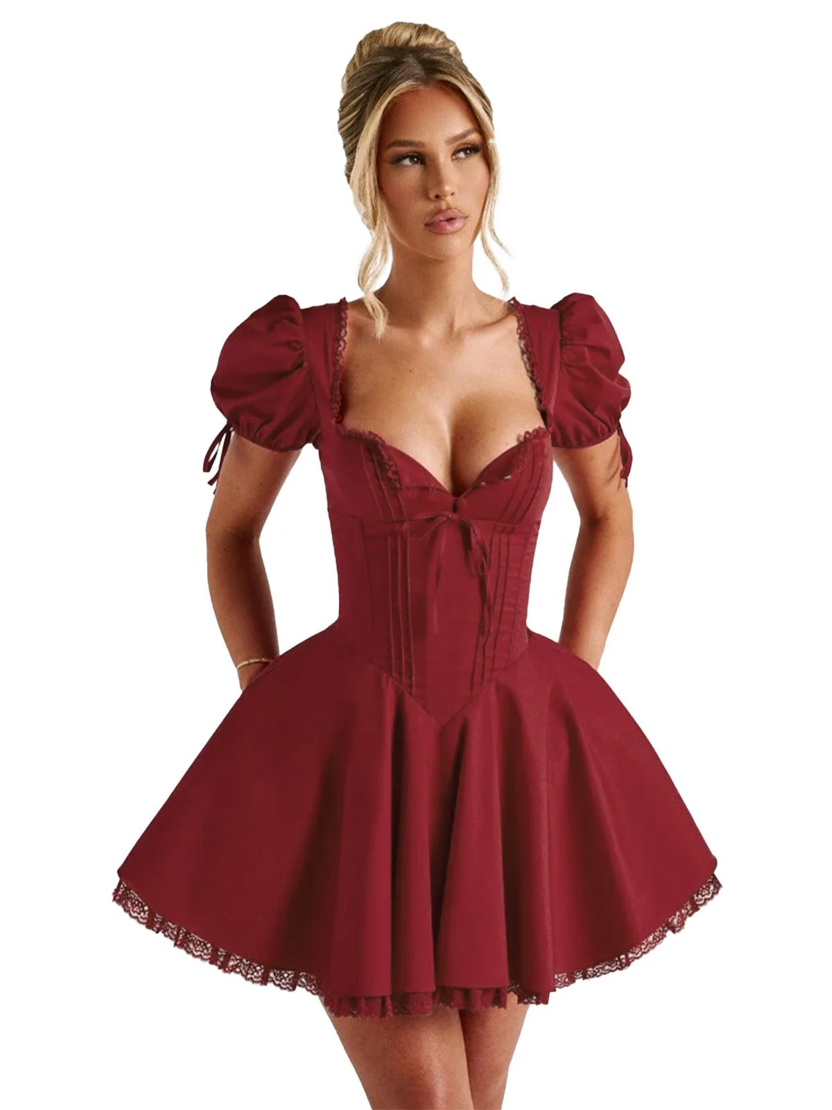 Red 1960s Solid Puff Sleeve Lace-up Dress - Image 9