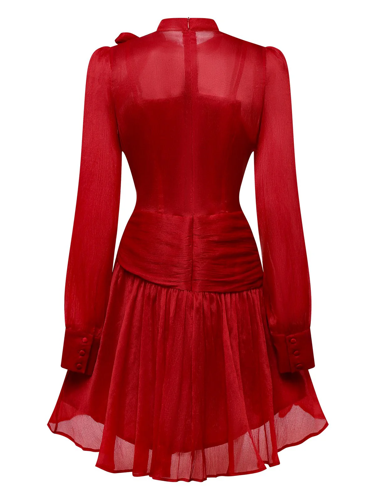 Red 1960s Solid Ruched Tie Neck Long Sleeve Dress - Image 2