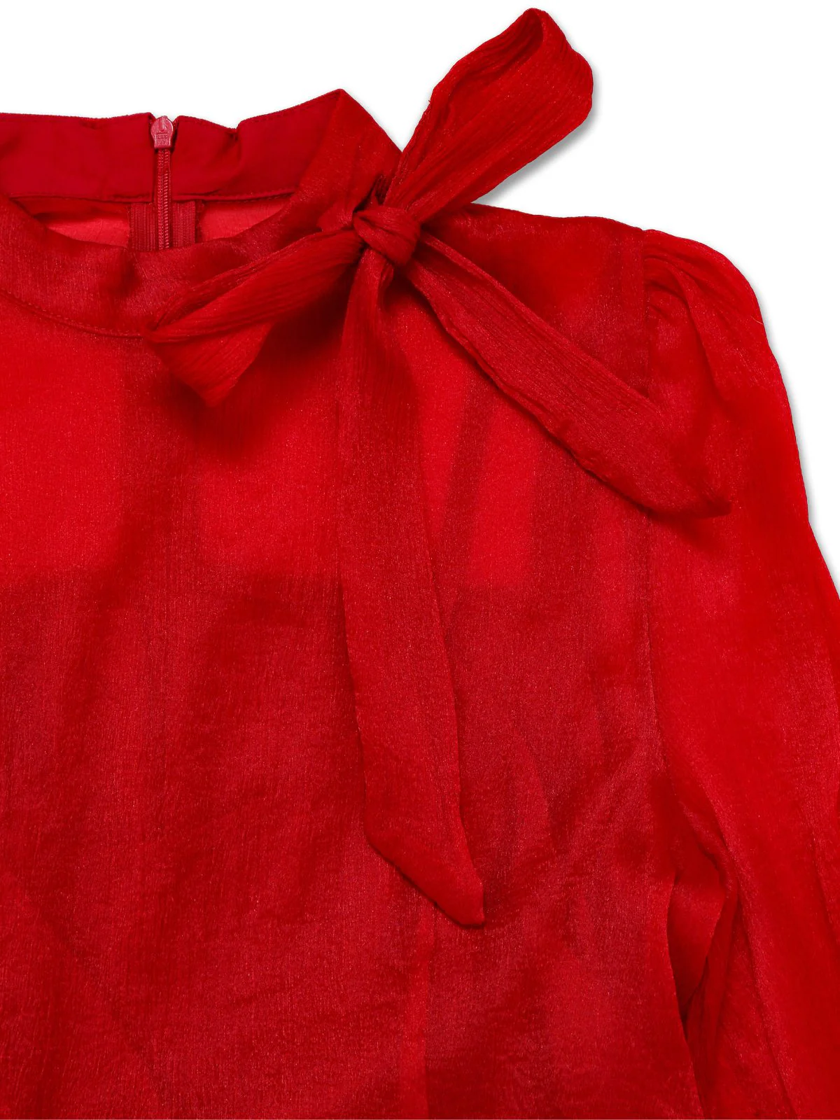Red 1960s Solid Ruched Tie Neck Long Sleeve Dress - Image 3