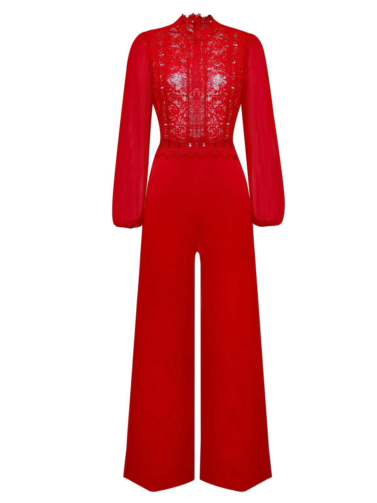 Red 1960s Solid Sheer Lace Long Sleeve Jumpsuit - Image 2