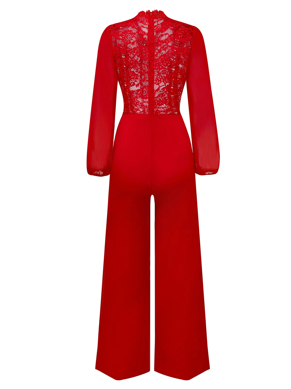 Red 1960s Solid Sheer Lace Long Sleeve Jumpsuit - Image 3