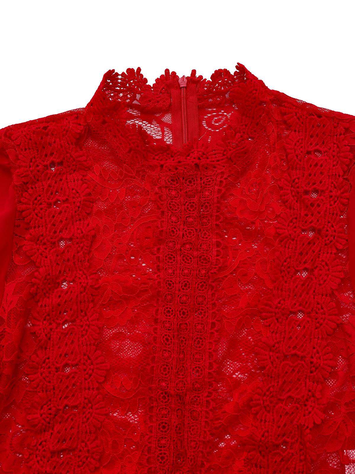 Red 1960s Solid Sheer Lace Long Sleeve Jumpsuit - Image 4
