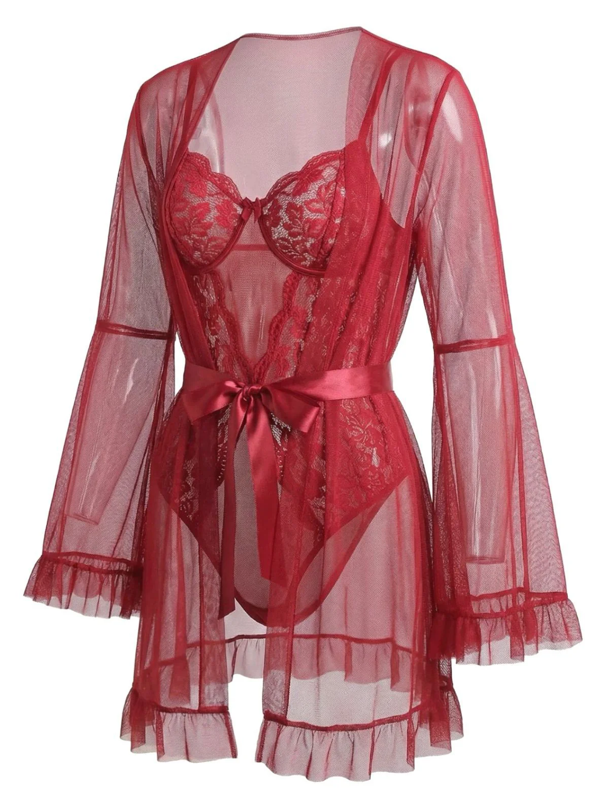 Red 1960s Solid Sheer Lace Patchwork Sleepwear Set - Image 2