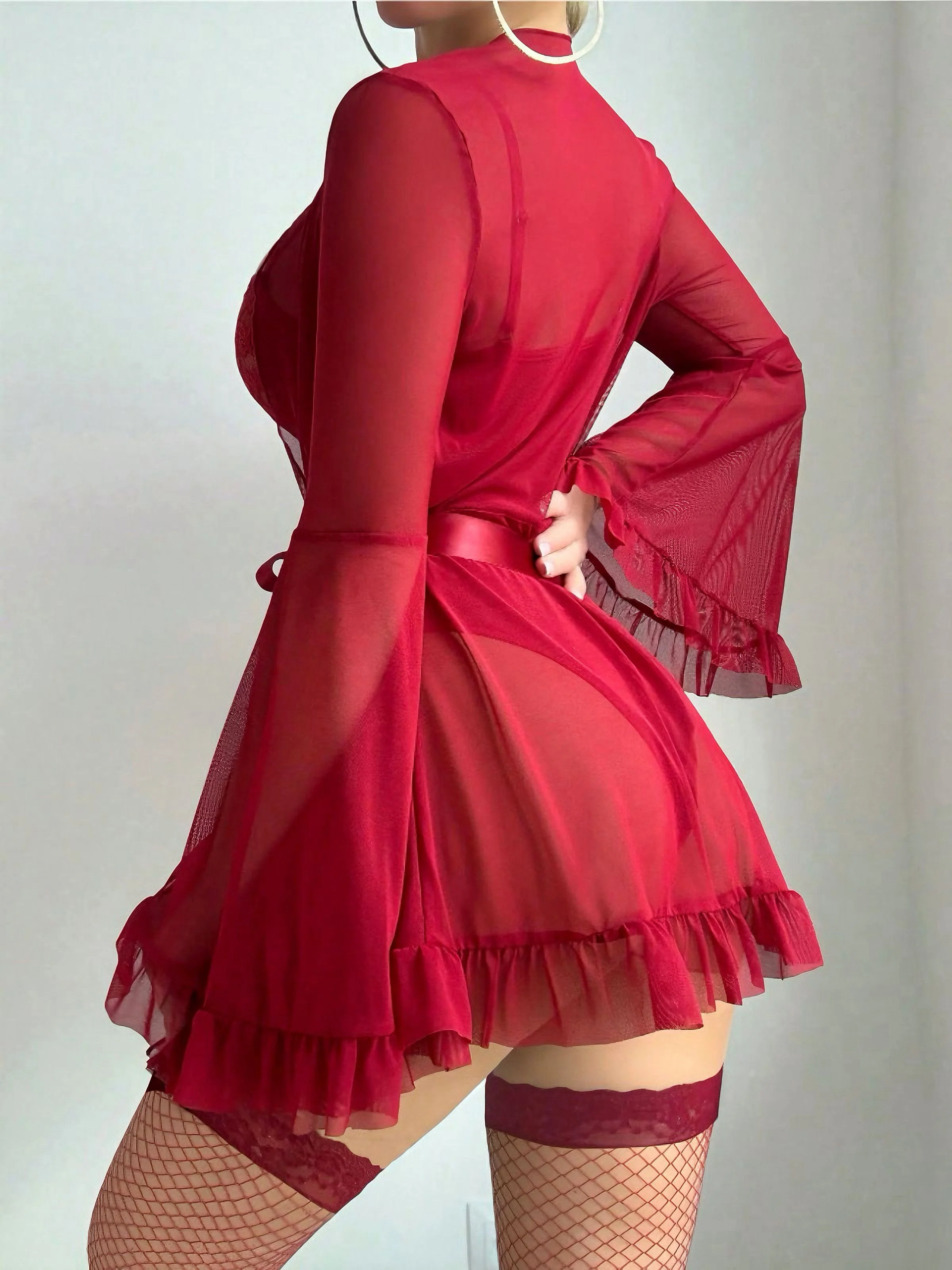 Red 1960s Solid Sheer Lace Patchwork Sleepwear Set - Image 6
